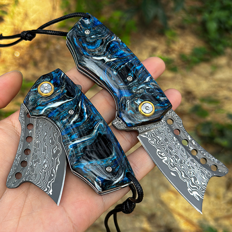 Edc Carry Pocket Knife - Coltello Tascabile in Acciaio Damascato Fatto