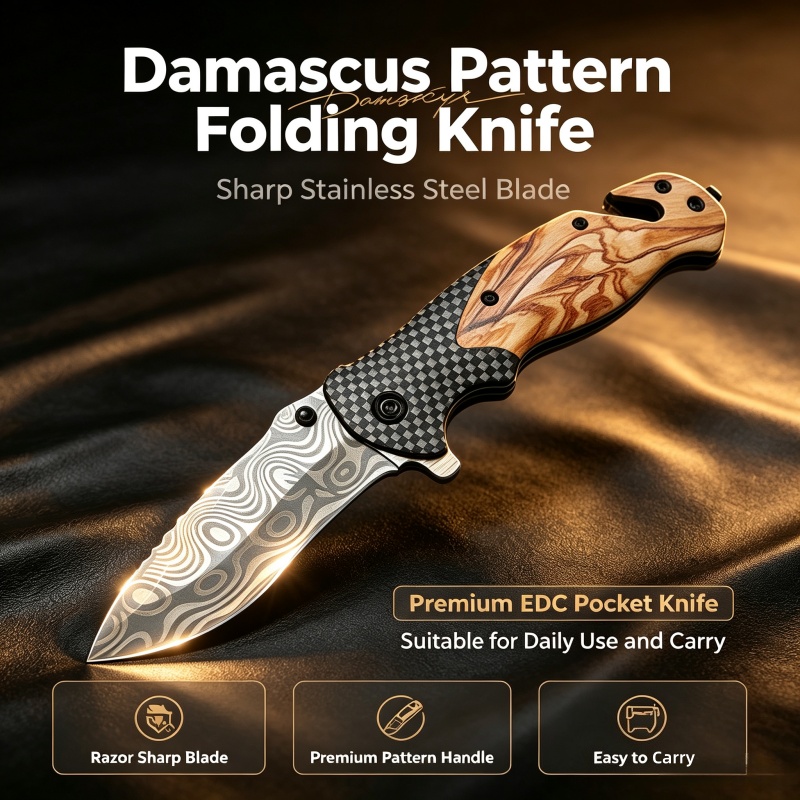 Edc Carry Pocket Knife - Coltello Pieghevole con Motivo Damascato, Lama